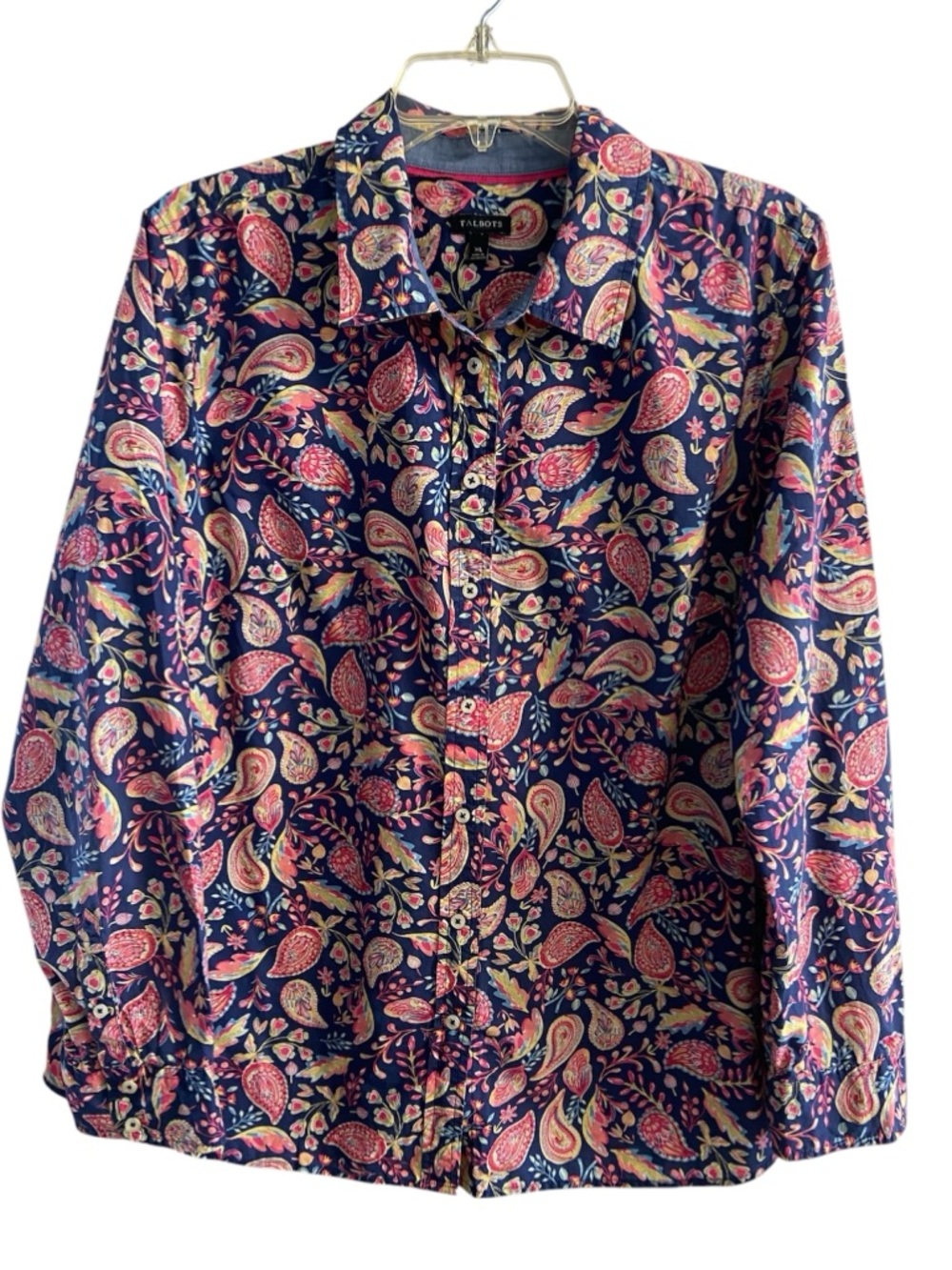 Talbots Navy Paisley Button-Down Shirt with Pink and Cream Accents XL